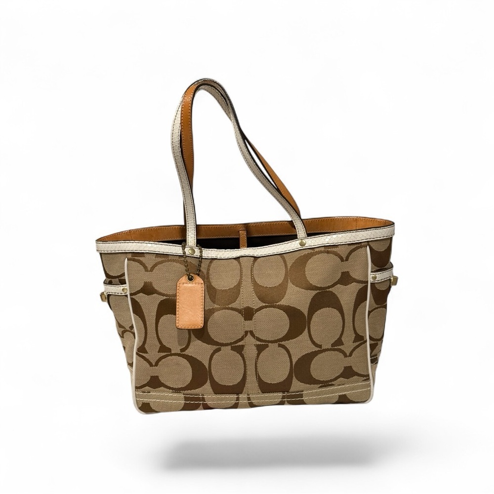 Coach Jacquard Tote Khaki White Python Trim Nearly Perfect Condition! - Picture 2 of 16